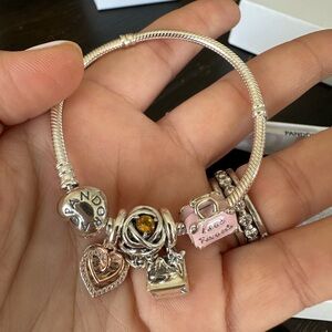 BNIB Pandora sterling silver bracelet with lots of charms
